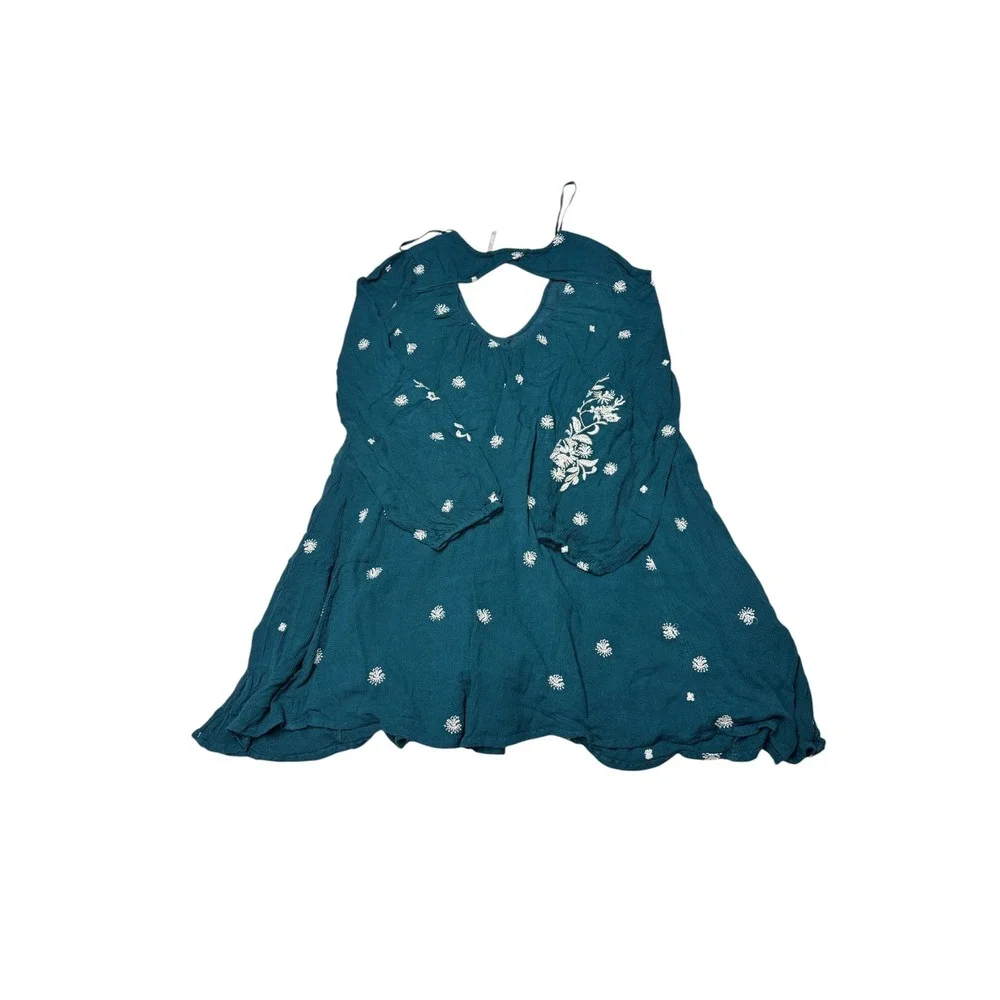 Free People Teal Green Embroidered Boho Mini Dress Open Back‎ Sleeve Womens XS